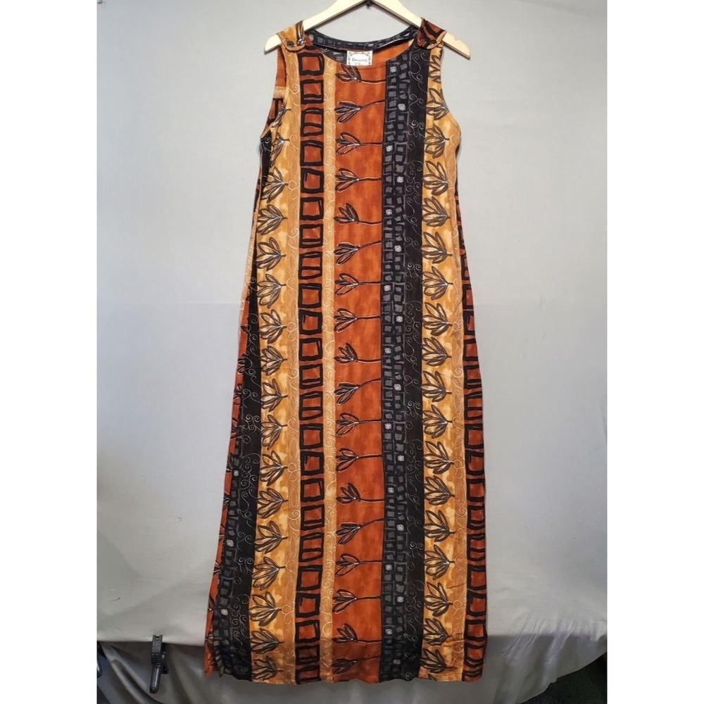 VTG Dressing Clio Tribal Floral Maxi Tank‎ Dress Womens M Brown Rayon USA Boho